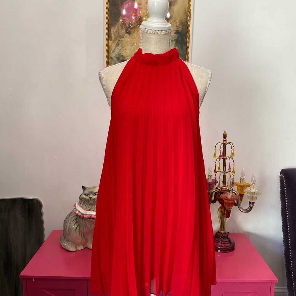 BETSEY JOHNSON XS RED PLEATED ACCORDION TIE BOW NECK DRESS - Picture 4 of 7